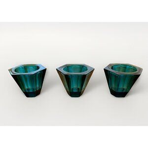 3pc Set Mid Century Modern Turquoise Green Glass Votive Tealight Candle Holders